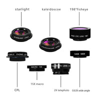 HKM-842259 7-in-1 Mobile Phone Lens Set: Fisheye, Wide Angle, Macro, Telephoto, Polarizer, Kaleidoscope with Clip and Accessories