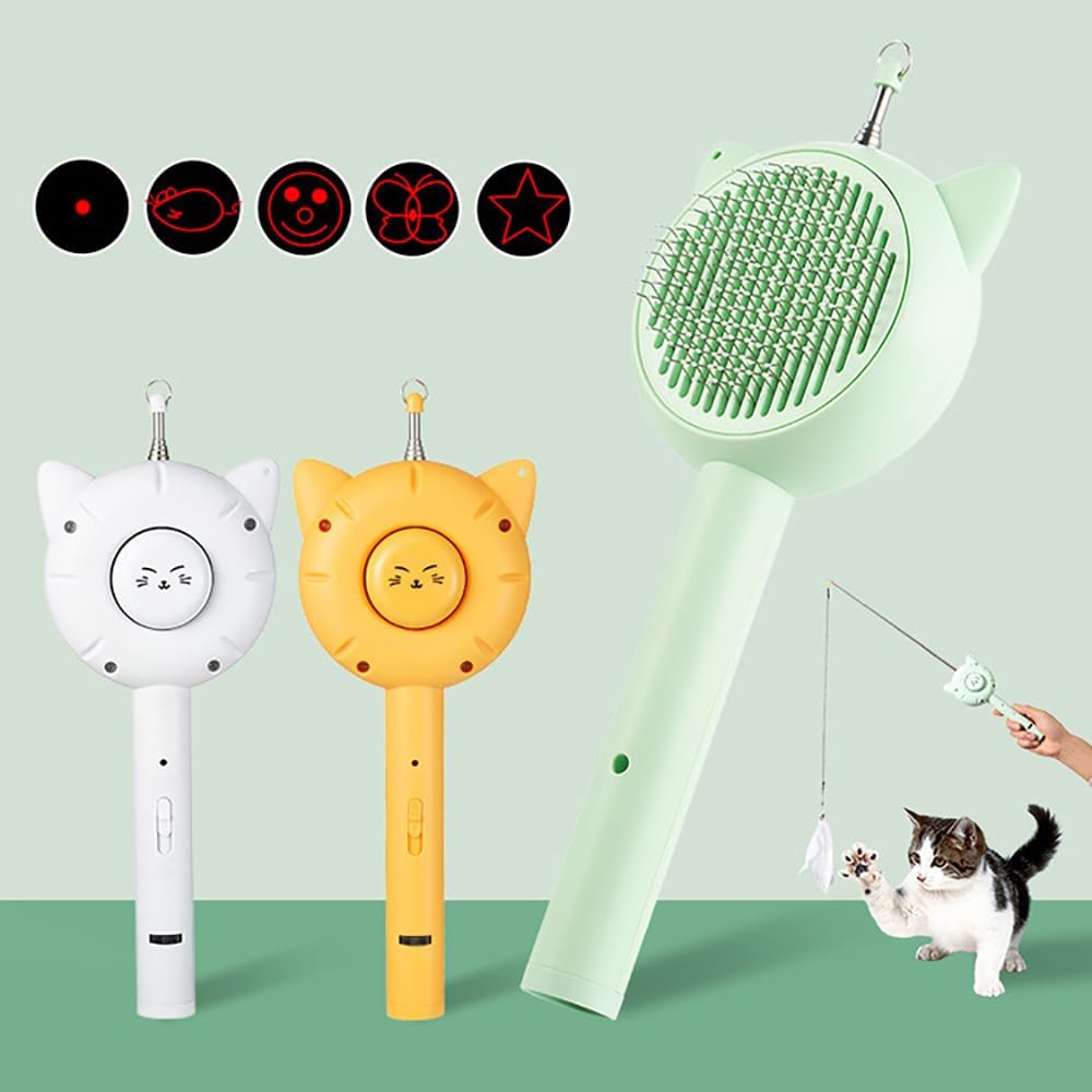 HKM-8423869 5-in-1 Interactive Cat Brush Toy with Retractable Teaser Wand and Light-Up Features