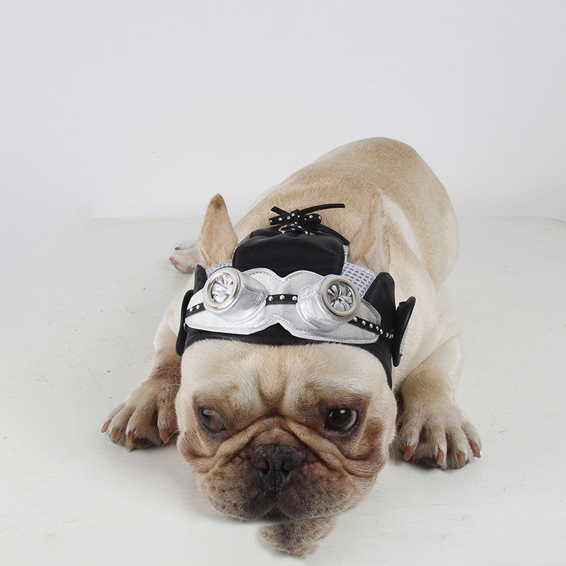 HKM-8426557 Black Silver Pilot Hat for Pets - Adjustable Size for Cats and Dogs