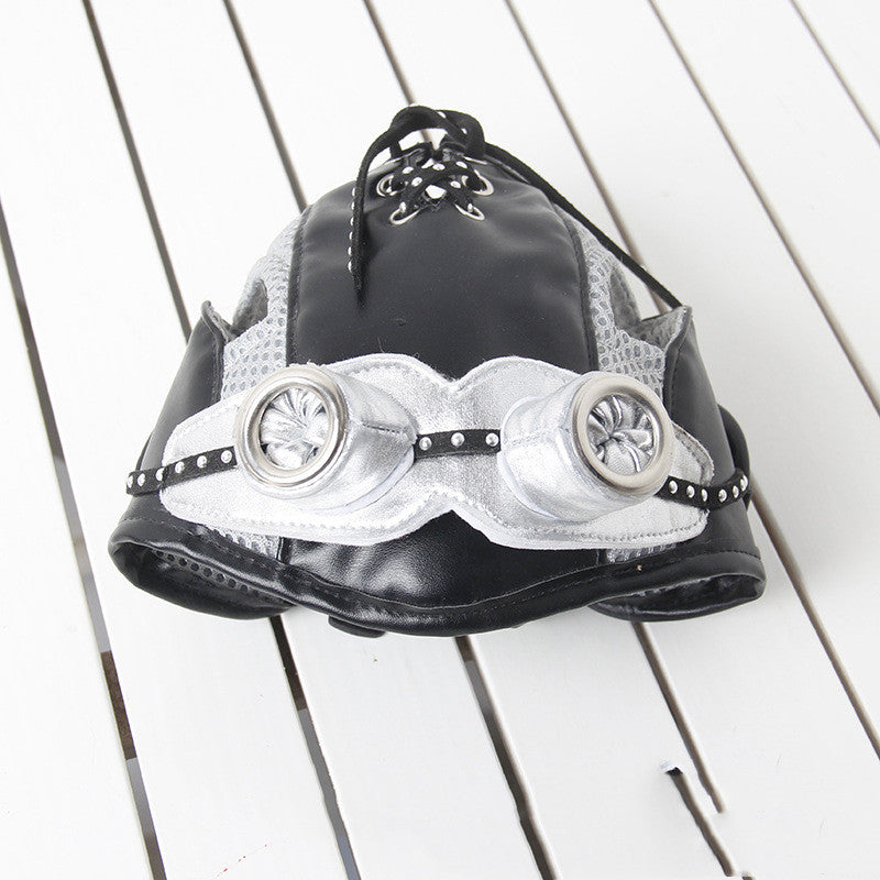 HKM-8426557 Black Silver Pilot Hat for Pets - Adjustable Size for Cats and Dogs