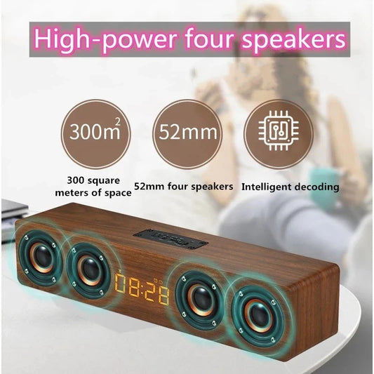 HKM-842707 Portable Wireless Wooden Boombox Speaker with 20W Output, Bluetooth 4.2, FM Radio, Clock Alarm Function, TF Card and AUX Input