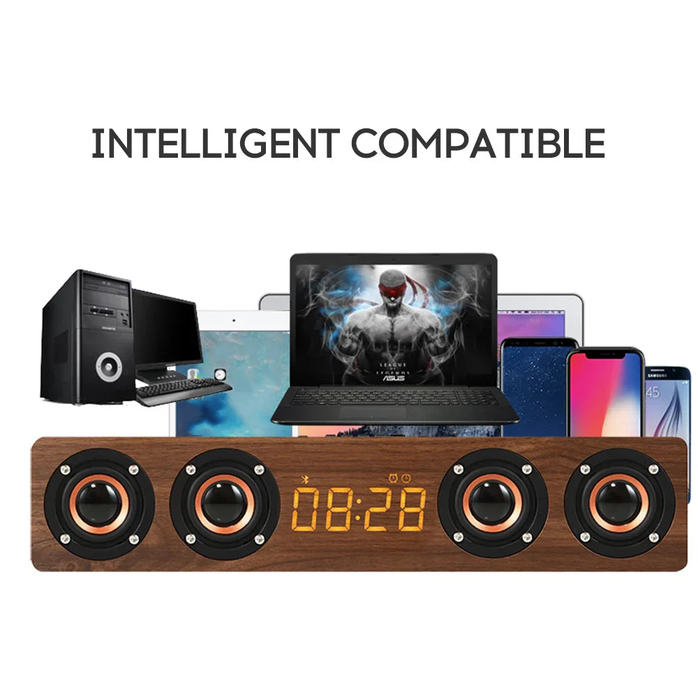HKM-842707 Portable Wireless Wooden Boombox Speaker with 20W Output, Bluetooth 4.2, FM Radio, Clock Alarm Function, TF Card and AUX Input
