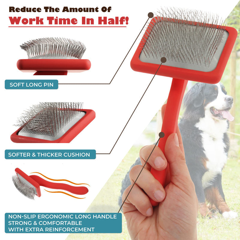 HKM-8427965 Pet Comb with Beech Wood Handle and Stainless Steel Needles for Dog and Cat Care - Red
