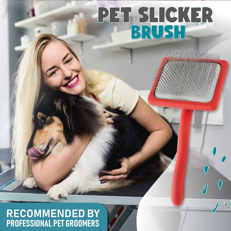 HKM-8427965 Pet Comb with Beech Wood Handle and Stainless Steel Needles for Dog and Cat Care - Red