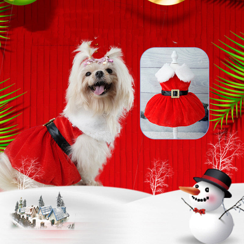 HKM-8430525 Gold Velvet Christmas Pet Dress with Bow - Available in Multiple Sizes