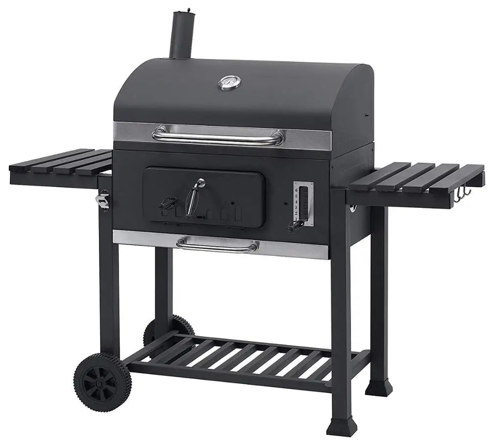 HKM-843219 Cast Iron Grill Smoker with Chimney and Lid, Square Trolley Charcoal Barbecue 152x73x137cm
