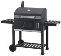 HKM-843219 Cast Iron Grill Smoker with Chimney and Lid, Square Trolley Charcoal Barbecue 152x73x137cm