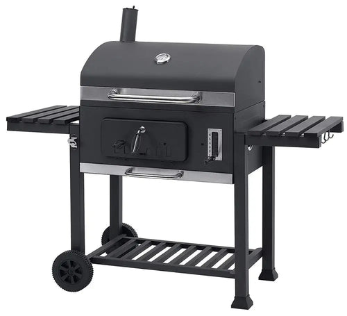 HKM-843219 Cast Iron Grill Smoker with Chimney and Lid, Square Trolley Charcoal Barbecue 152x73x137cm