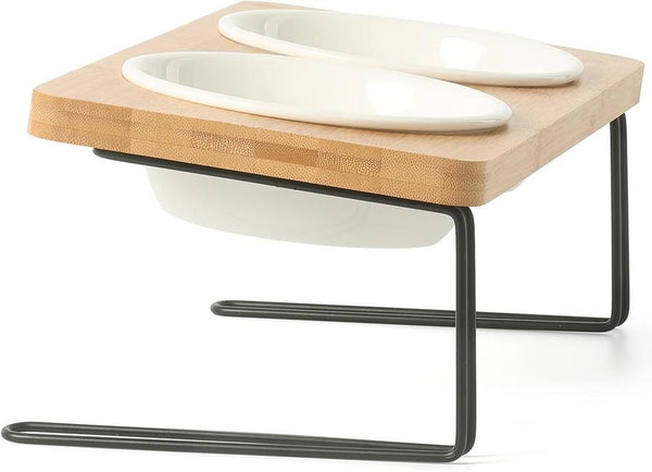 HKM-843219 Tilted Ceramic Dog Food and Water Bowl Set with Bamboo Stand for Small Pets