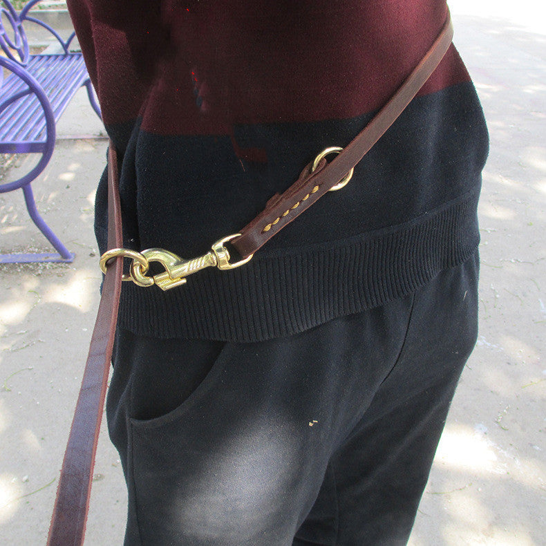 HKM-8437693 Double-Headed Copper Hook Cowhide Dog Traction Belt with Convenient Leash¹¦ÄÜ