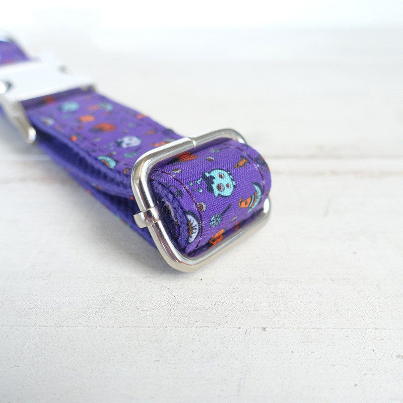 HKM-8445629 Purple Halloween Print Dog Collar for Stylish Pets, Polyester Material, Fashionable Design