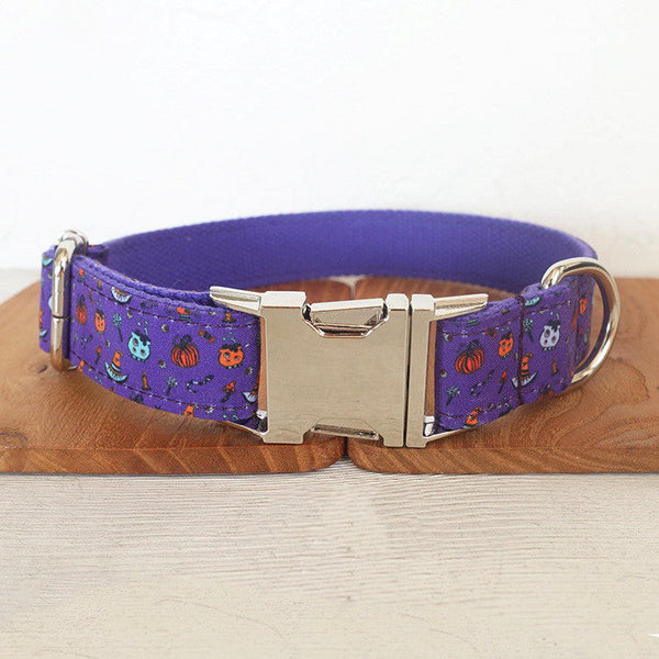 HKM-8445629 Purple Halloween Print Dog Collar for Stylish Pets, Polyester Material, Fashionable Design