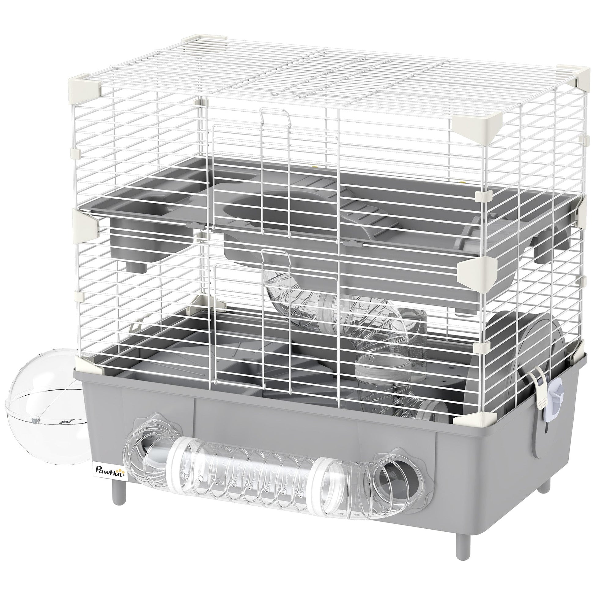 HKM-8447293 2-Tier Hamster Cage with Sand Bathroom, Running Wheel, Water Bottle & Accessories in Gray