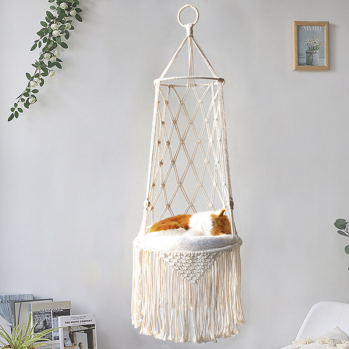 HKM-8450877 Macrame Cat Hammock Bed - Stylish Wall Hanging Pet Swing for Cats