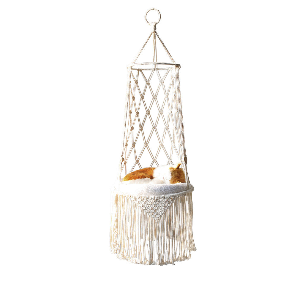 HKM-8450877 Macrame Cat Hammock Bed - Stylish Wall Hanging Pet Swing for Cats