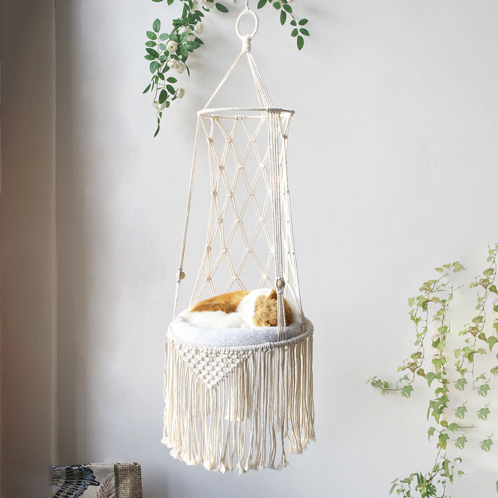 HKM-8450877 Macrame Cat Hammock Bed - Stylish Wall Hanging Pet Swing for Cats