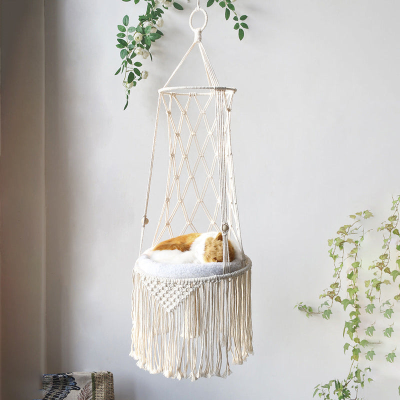 HKM-8450877 Macrame Cat Hammock Bed - Stylish Wall Hanging Pet Swing for Cats