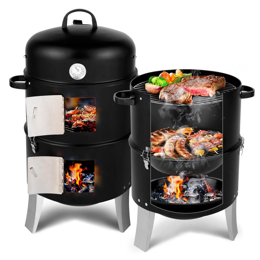 HKM-845203 Cylindrical Charcoal Grill Smoker - Double-Walled Design, 47x41.5x82cm