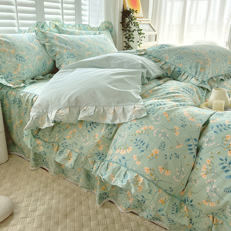 HKM-845331 Cotton Bedding Four-Piece Set with Quilt Cover, Bed Sheet, and Pillowcases in Korean Style