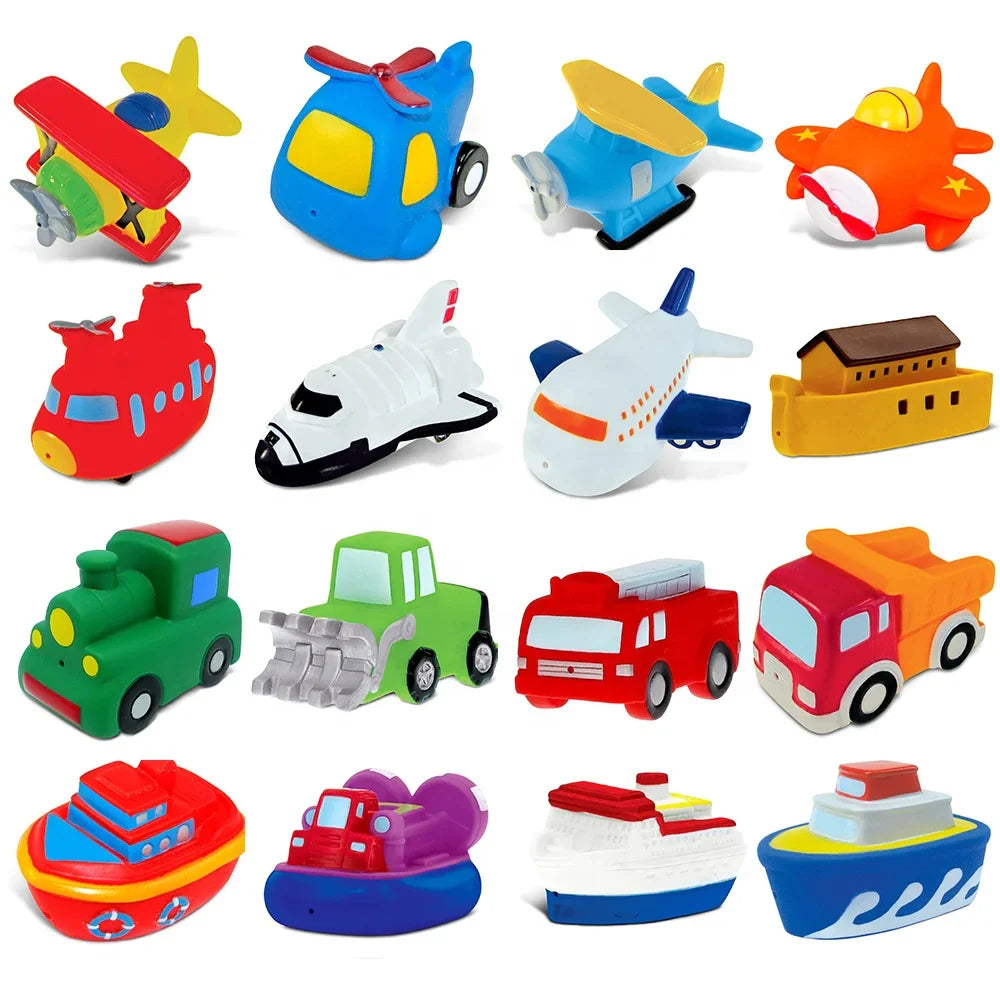 HKM-845459 Cartoon Rubber Bath Toy Set for Toddlers - Boat, Plane, and Car Squirters for Fun Bathtub Play