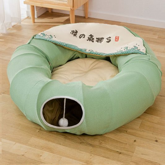 HKM-845843 Foldable Cat Tunnel Bed, Removable & Washable Canvas Design, Suitable for Cats Under 20kg, Matcha Green & Blue