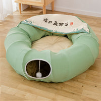 HKM-845843 Foldable Cat Tunnel Bed, Removable & Washable Canvas Design, Suitable for Cats Under 20kg, Matcha Green & Blue
