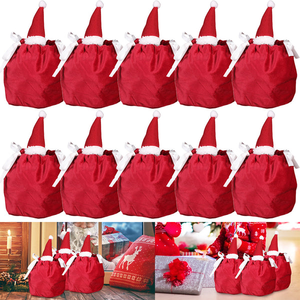 HKM-845971 Christmas Drawstring Gift Bags - 5 Pack 3D Santa Hat Velvet Candy Goodie Bags for Parties, Birthdays, Weddings