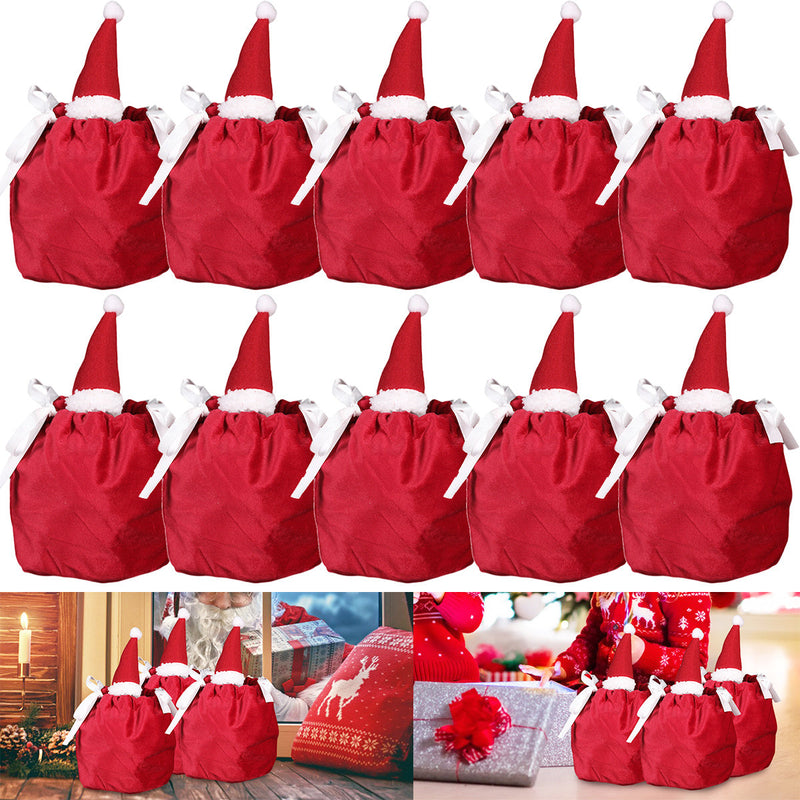 HKM-845971 Christmas Drawstring Gift Bags - 5 Pack 3D Santa Hat Velvet Candy Goodie Bags for Parties, Birthdays, Weddings