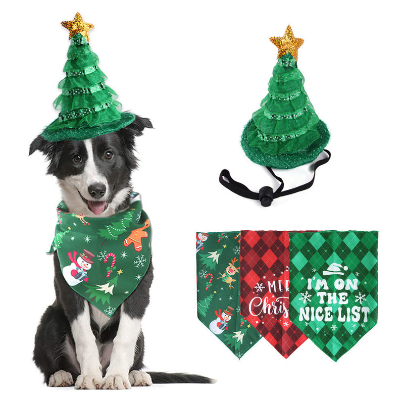 HKM-8462525 Pet Christmas Outfit with Hat and Triangle Scarf in Red, Green, and Snowman Styles