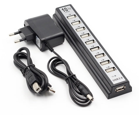 HKM-846355 10-Port USB 2.0 Hub with AC Power Adapter for PC, Laptop, and Notebook