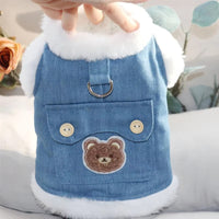 HKM-8465469 Warm Winter Fleece Dog Vest with Bear Print, Insulated Denim & Fluffy Wool Lining, Easy Wear Jacket for Pets