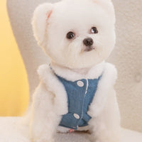 HKM-8465469 Warm Winter Fleece Dog Vest with Bear Print, Insulated Denim & Fluffy Wool Lining, Easy Wear Jacket for Pets