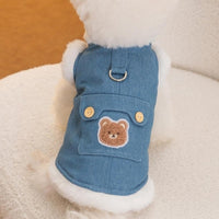 HKM-8465469 Warm Winter Fleece Dog Vest with Bear Print, Insulated Denim & Fluffy Wool Lining, Easy Wear Jacket for Pets