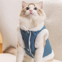 HKM-8465469 Warm Winter Fleece Dog Vest with Bear Print, Insulated Denim & Fluffy Wool Lining, Easy Wear Jacket for Pets