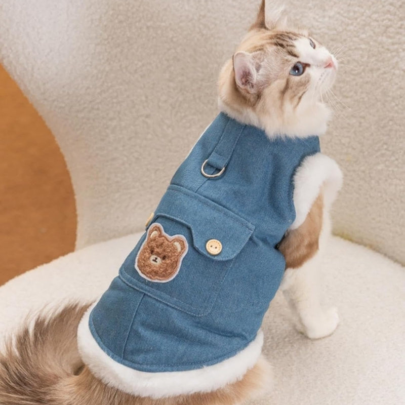 HKM-8465469 Warm Winter Fleece Dog Vest with Bear Print, Insulated Denim & Fluffy Wool Lining, Easy Wear Jacket for Pets