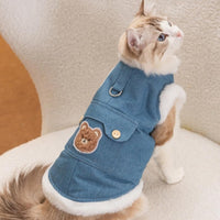HKM-8465469 Warm Winter Fleece Dog Vest with Bear Print, Insulated Denim & Fluffy Wool Lining, Easy Wear Jacket for Pets