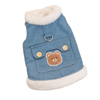 HKM-8465469 Warm Winter Fleece Dog Vest with Bear Print, Insulated Denim & Fluffy Wool Lining, Easy Wear Jacket for Pets