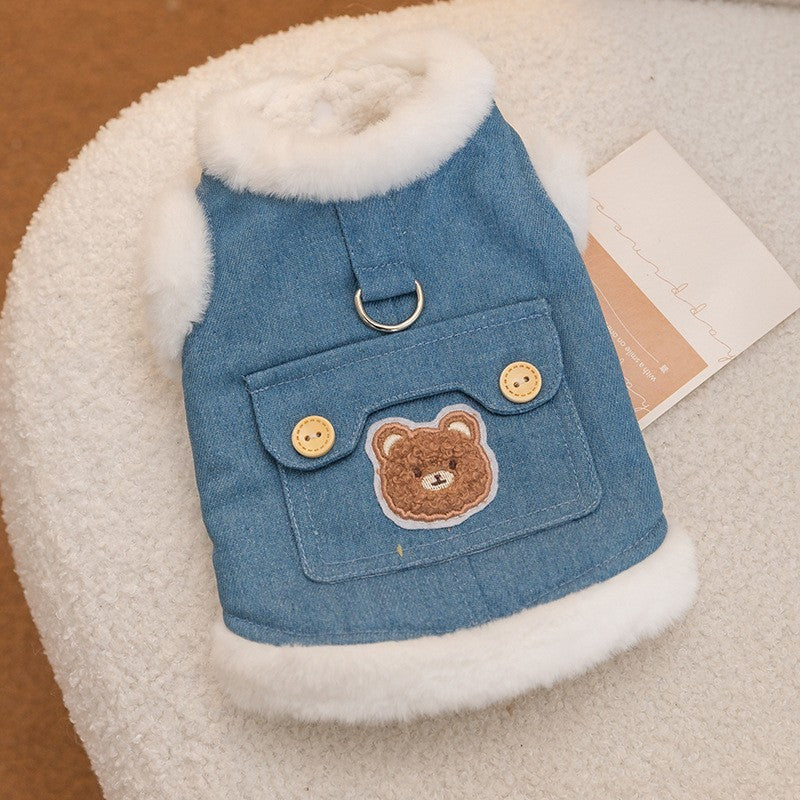 HKM-8465469 Warm Winter Fleece Dog Vest with Bear Print, Insulated Denim & Fluffy Wool Lining, Easy Wear Jacket for Pets