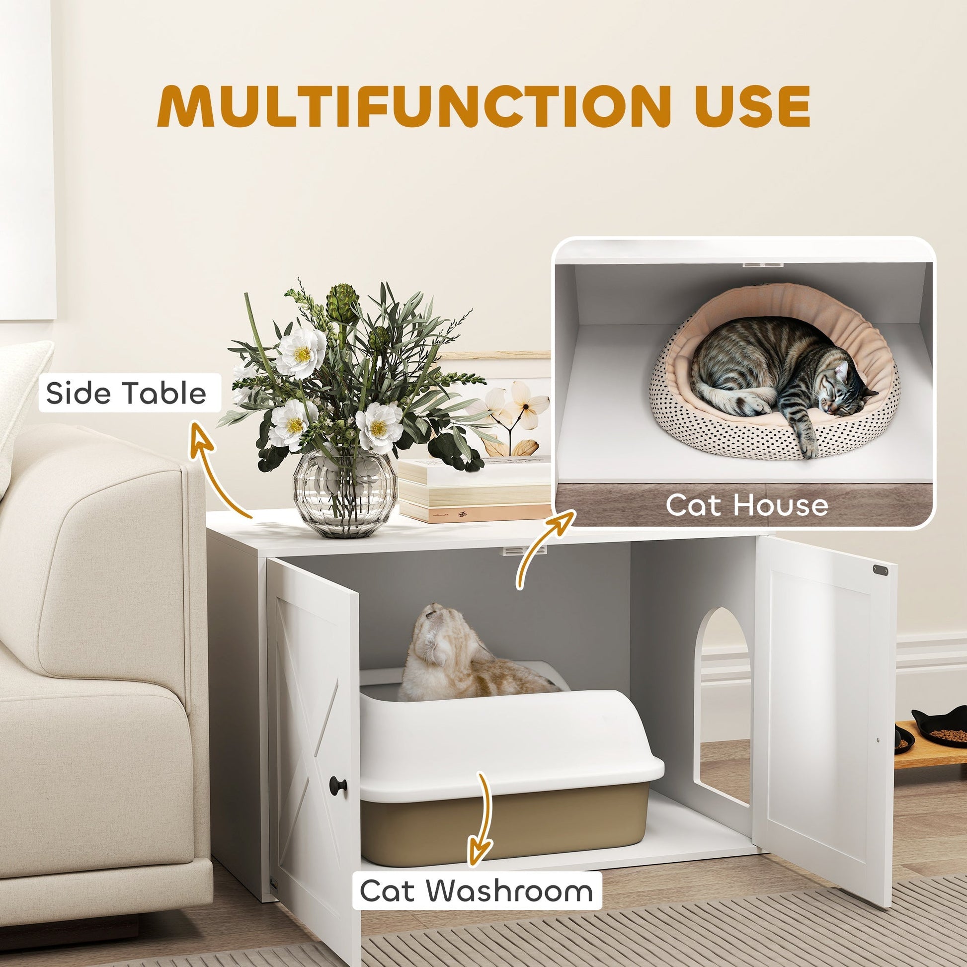 HKM-8466365 Cat Litter Box Enclosure with Barn Door, 31.5" x 20.9" x 19.7", White MDF Furniture