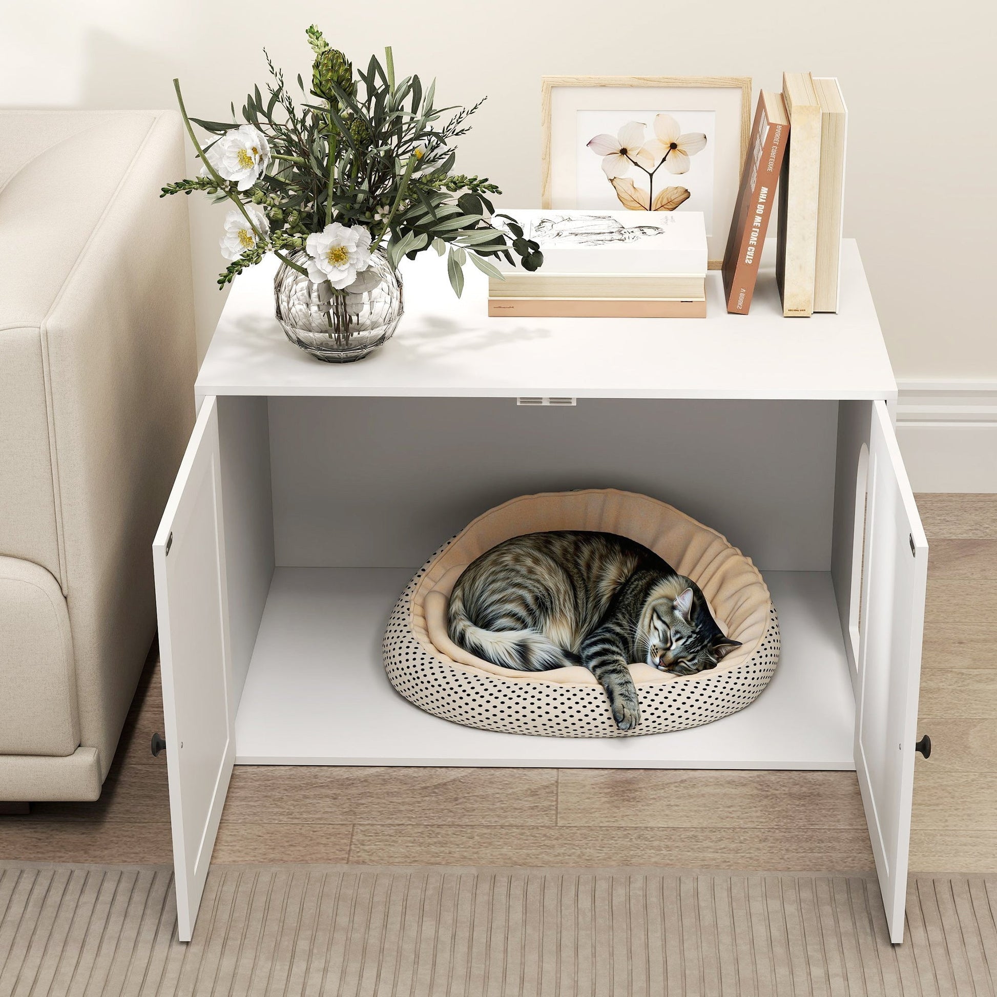 HKM-8466365 Cat Litter Box Enclosure with Barn Door, 31.5" x 20.9" x 19.7", White MDF Furniture