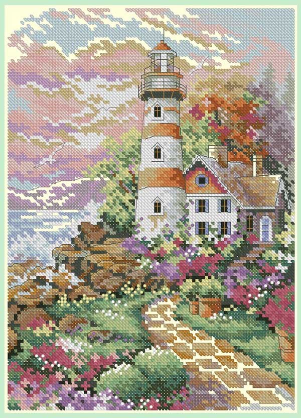 HKM-847315 Lighthouse Cross Stitch Kit with 30 Colors, Multiple Grids and Embroidery Techniques