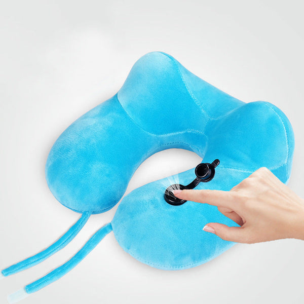HKM-847443 U-Shaped Inflatable Neck Pillow in Sky Blue, Purple, Pink, and Gray - Flannel Material, 30x28x9cm