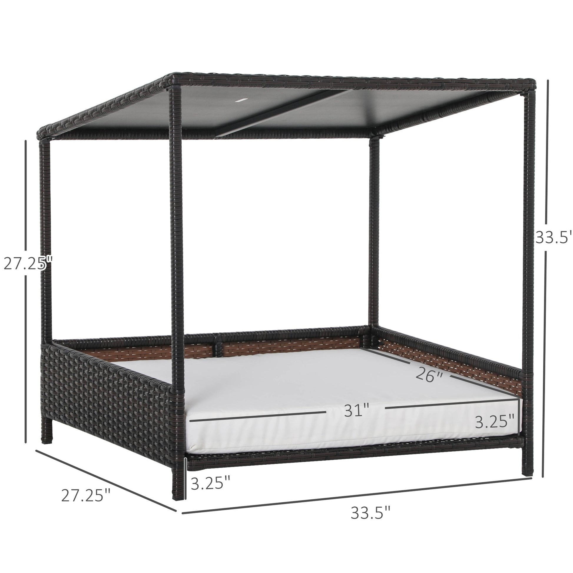 HKM-8475069 Brown Wicker Dog House with Removable Cushion - Raised Rattan Pet Bed for Medium-Sized Dogs and Cats
