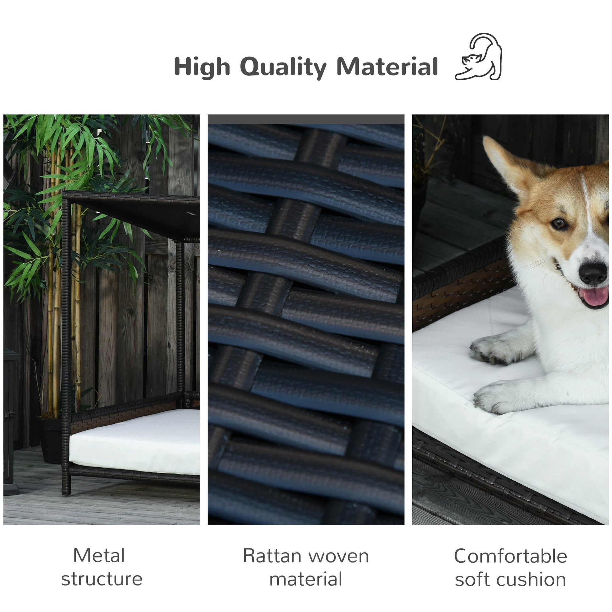 HKM-8475069 Brown Wicker Dog House with Removable Cushion - Raised Rattan Pet Bed for Medium-Sized Dogs and Cats