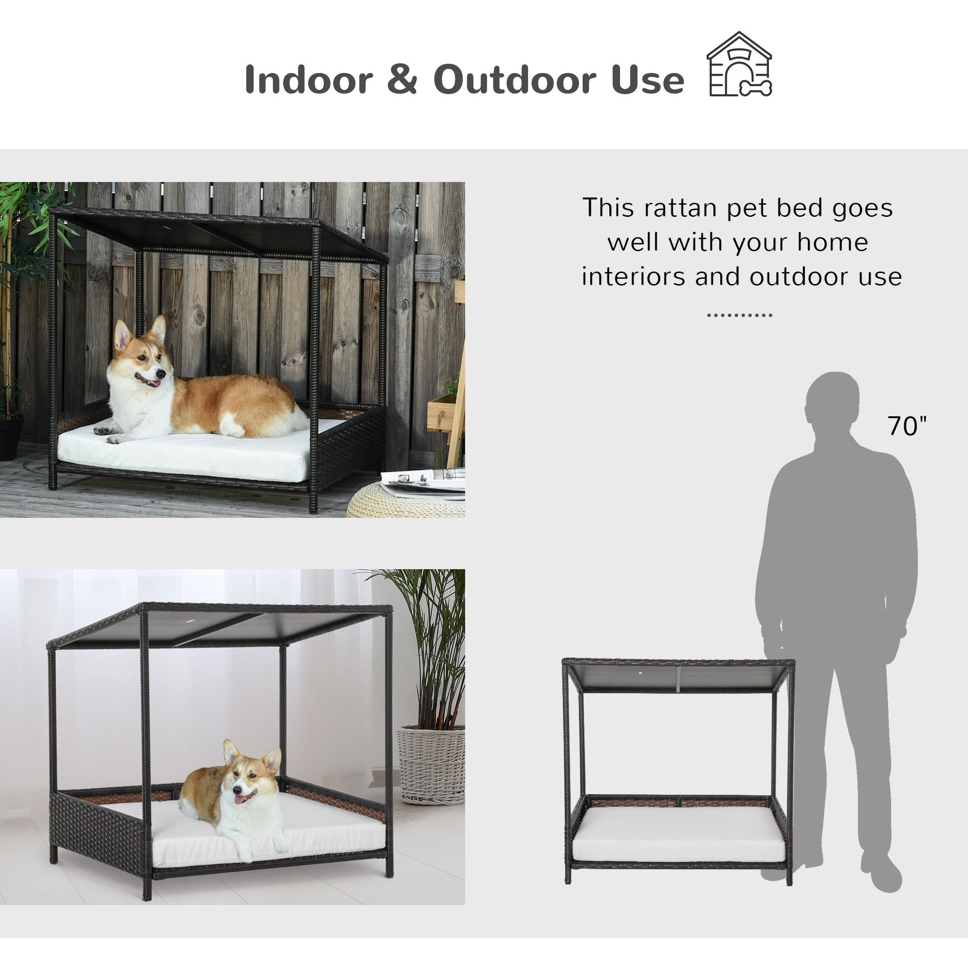 HKM-8475069 Brown Wicker Dog House with Removable Cushion - Raised Rattan Pet Bed for Medium-Sized Dogs and Cats