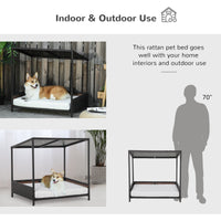 HKM-8475069 Brown Wicker Dog House with Removable Cushion - Raised Rattan Pet Bed for Medium-Sized Dogs and Cats