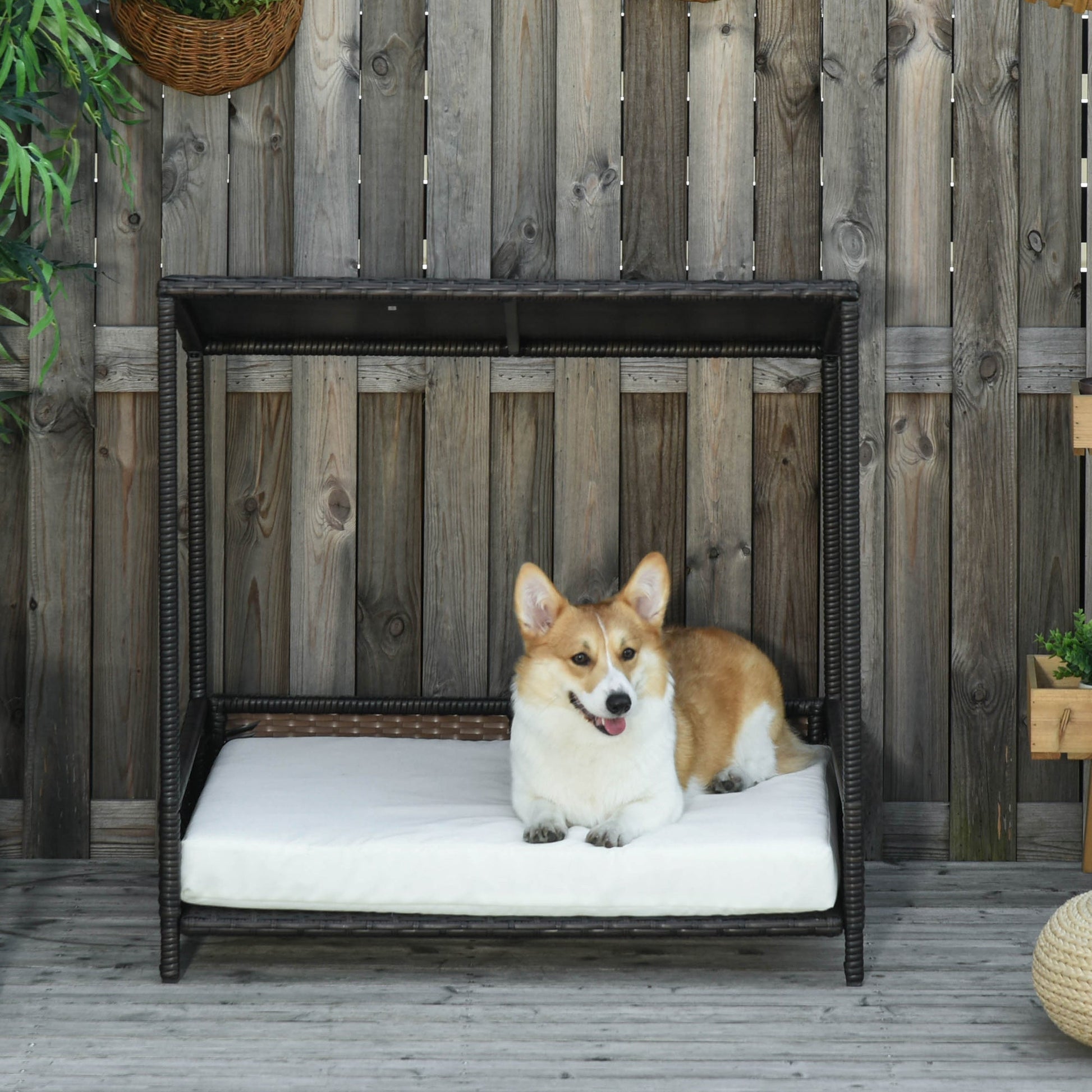 HKM-8475069 Brown Wicker Dog House with Removable Cushion - Raised Rattan Pet Bed for Medium-Sized Dogs and Cats