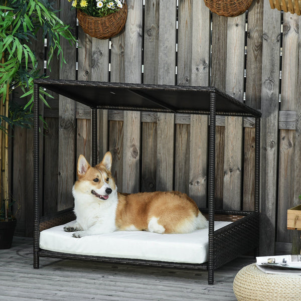 HKM-8475069 Brown Wicker Dog House with Removable Cushion - Raised Rattan Pet Bed for Medium-Sized Dogs and Cats