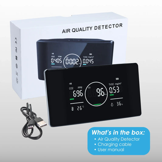 HKM-847507 5-in-1 Air Quality Monitor for CO, CO2, TVOC, Humidity, and Temperature Detection