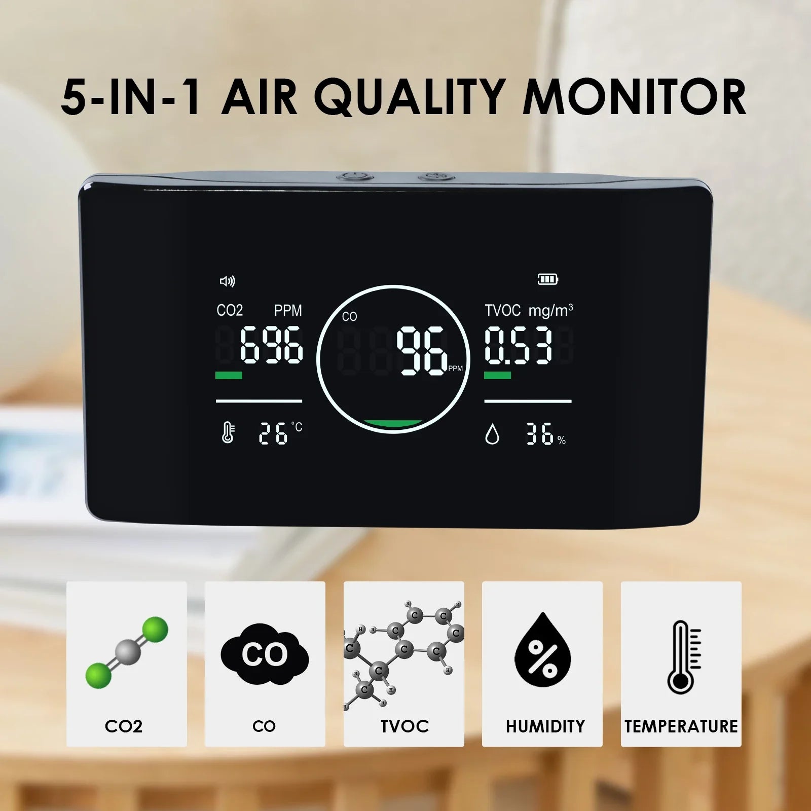 HKM-847507 5-in-1 Air Quality Monitor for CO, CO2, TVOC, Humidity, and Temperature Detection